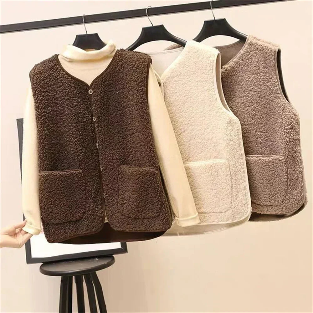 Button Front Patch Pocket Sherpa Fleece Vest