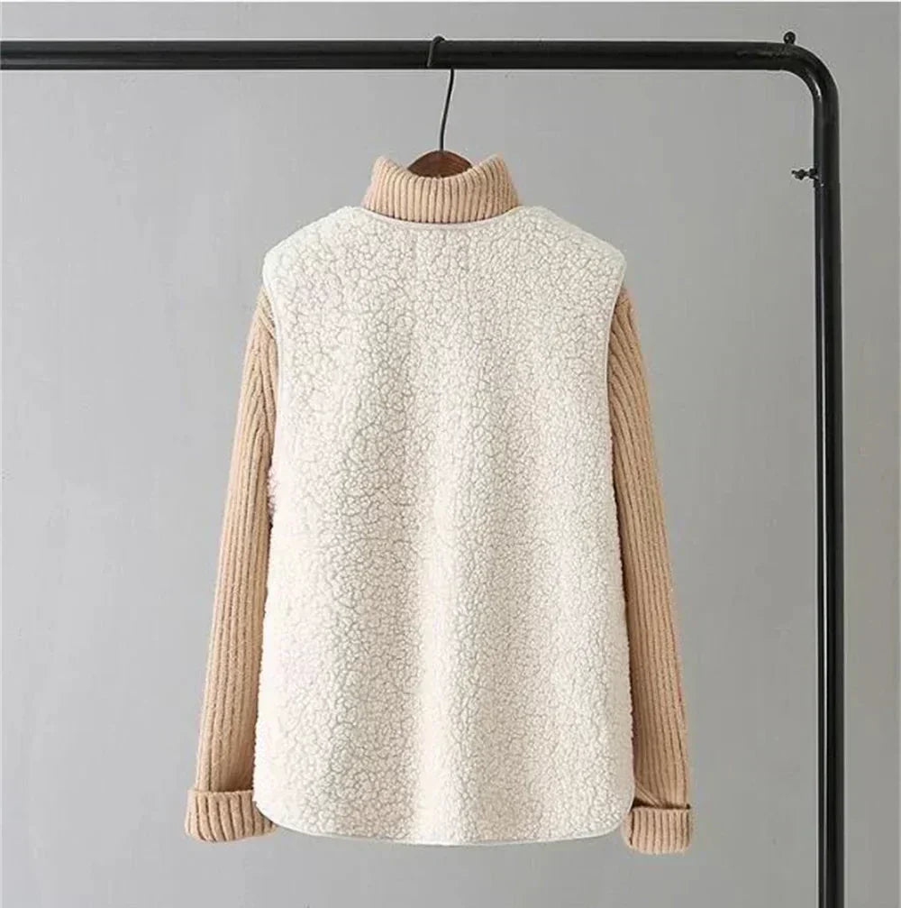 Button Front Patch Pocket Sherpa Fleece Vest