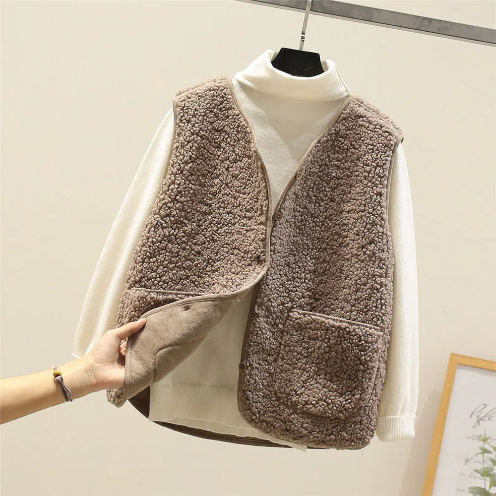 Button Front Sherpa Fleece Pocket Vest