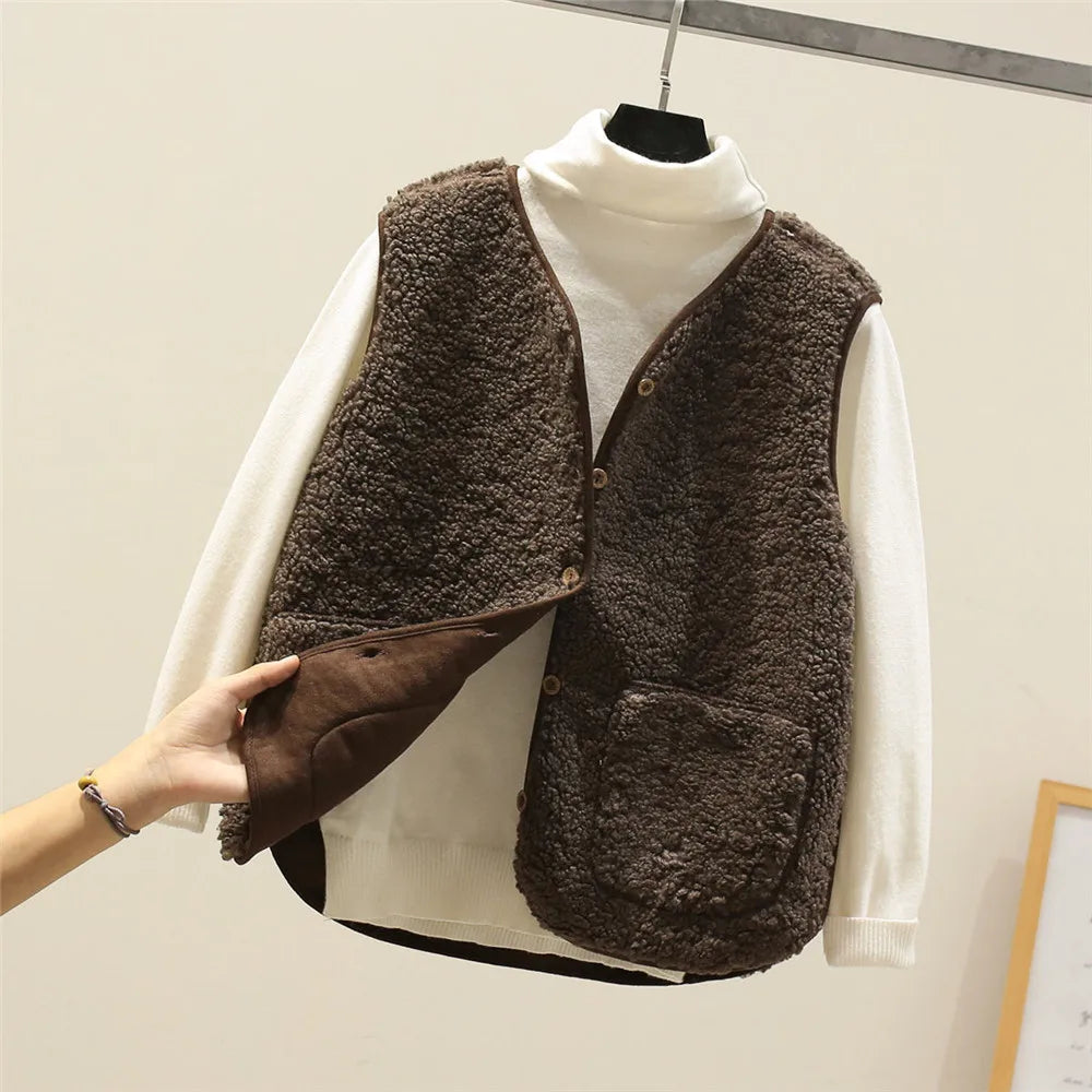 Button Front Sherpa Fleece Pocket Vest