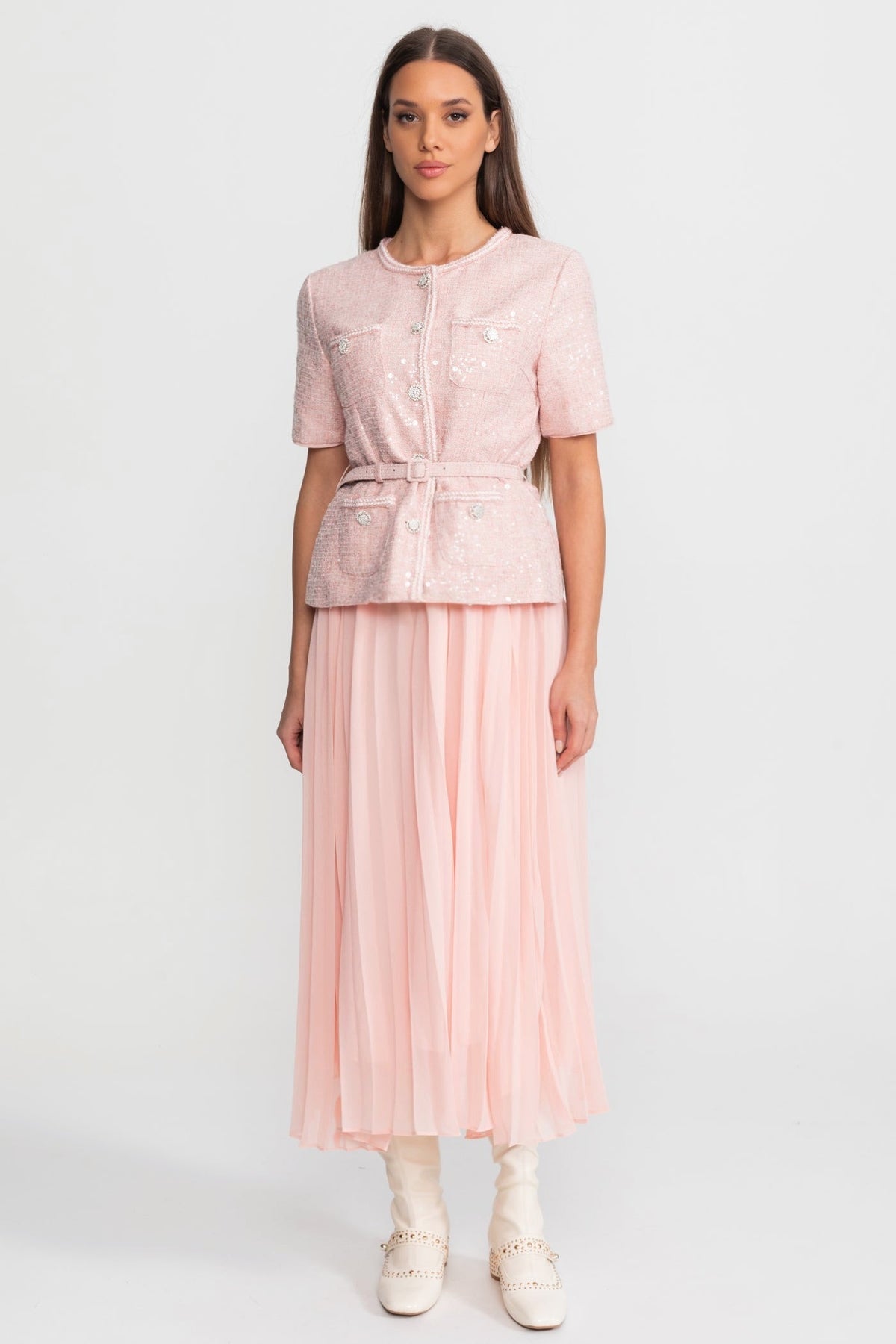 Sequin Tweed Short Sleeve Belted Pleated Chiffon Skirt Midi Dress