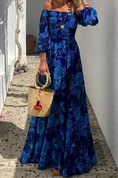 off the shoulder lantern sleeve dress Floral Tie Waist A-Line Maxi Blondie Nites Annie Long day wear claudia-bonifazio Style:Short(Pre-Sale 10days)