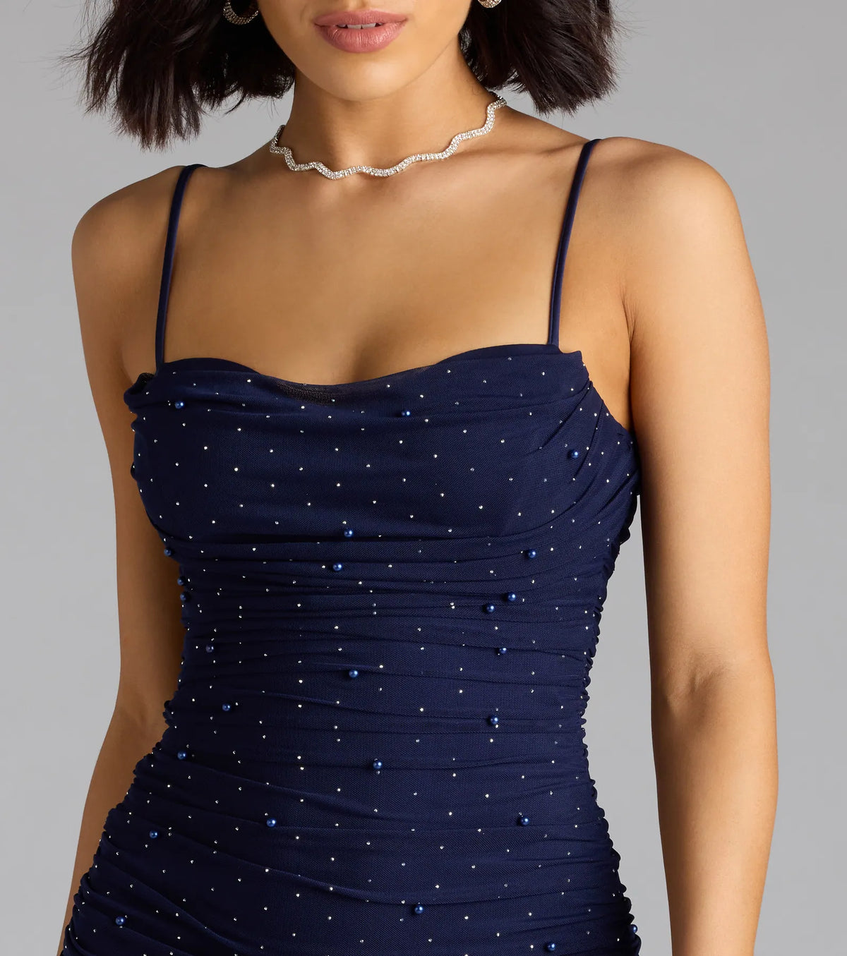 Pearl Embellished Mesh Cami Ruched Bodycon Mini Dress 14