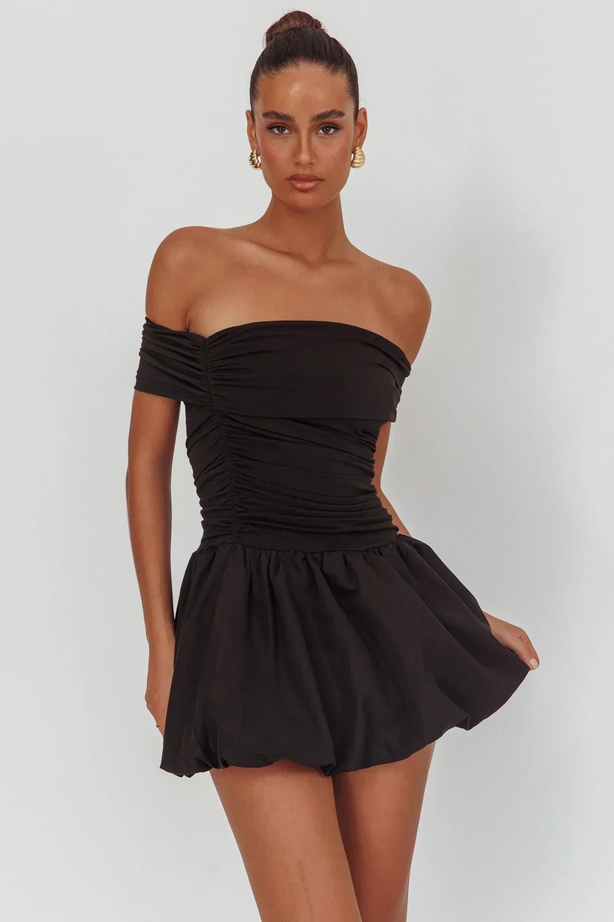 Off Shoulder Ruched Bodice Drop Waist Bubble Hem Mini Dress 5