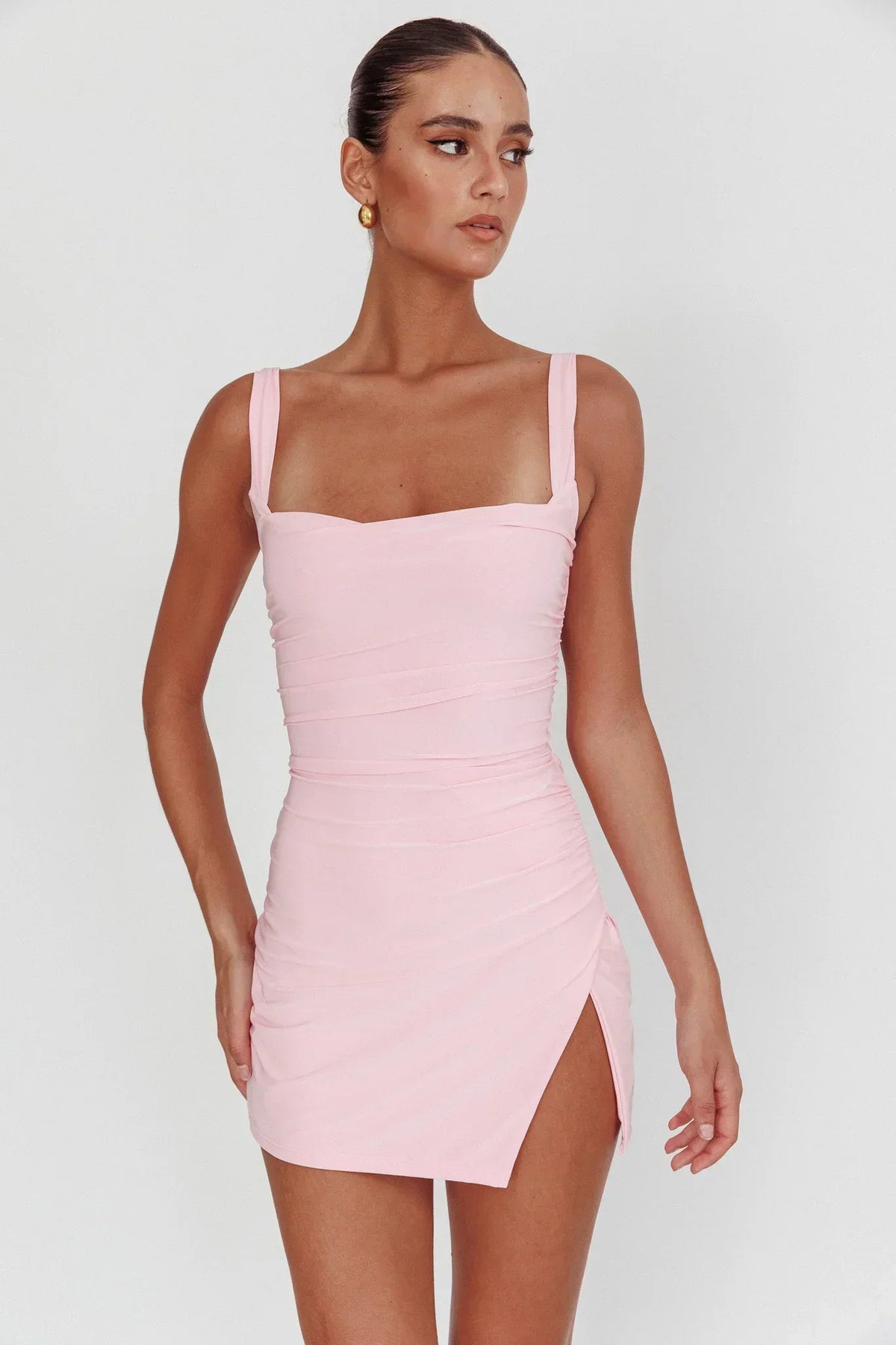 Backless Ruched Square Neck Tie Back Side Split Mini Dress 3