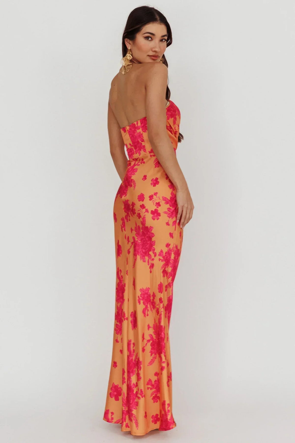 Floral Print Satin Strapless Bias Cut Maxi Dress 8