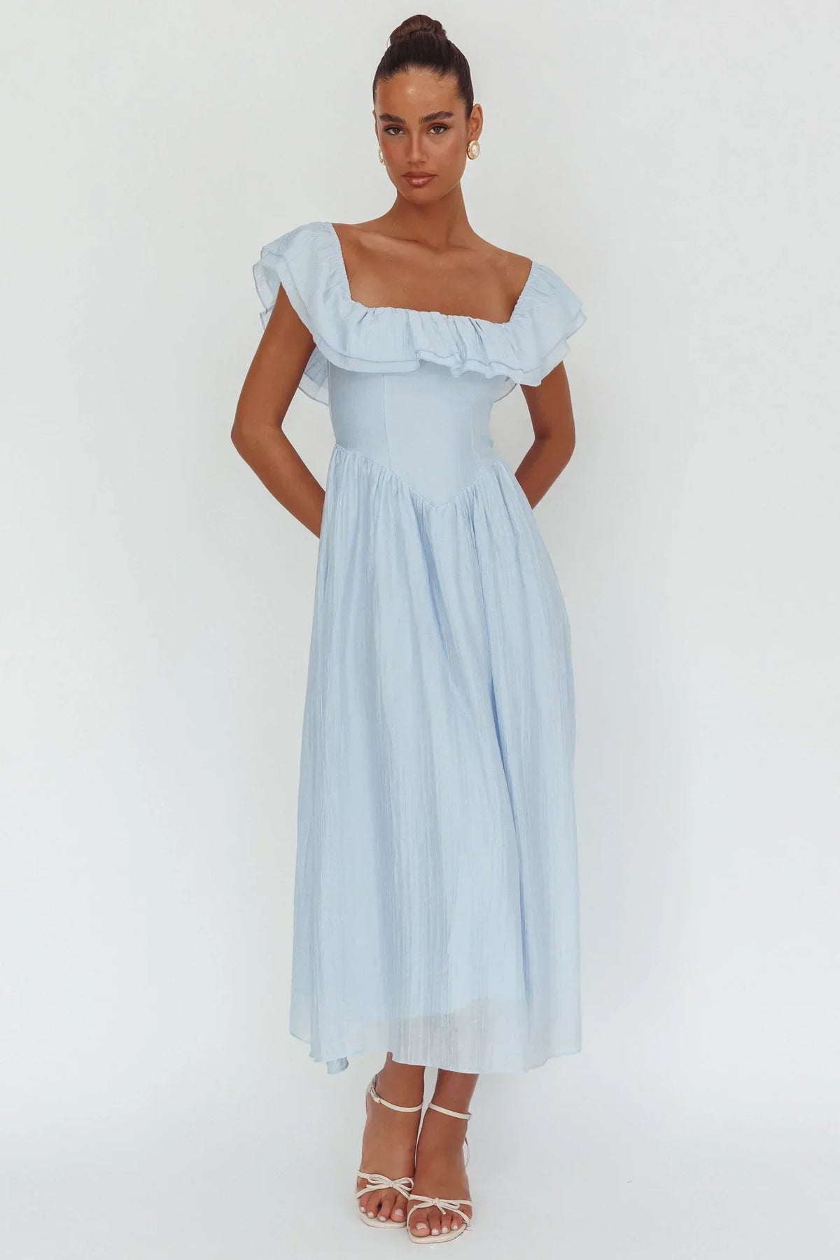 Square Neck Ruffle Sleeve Basque Waist Midi Dress 4