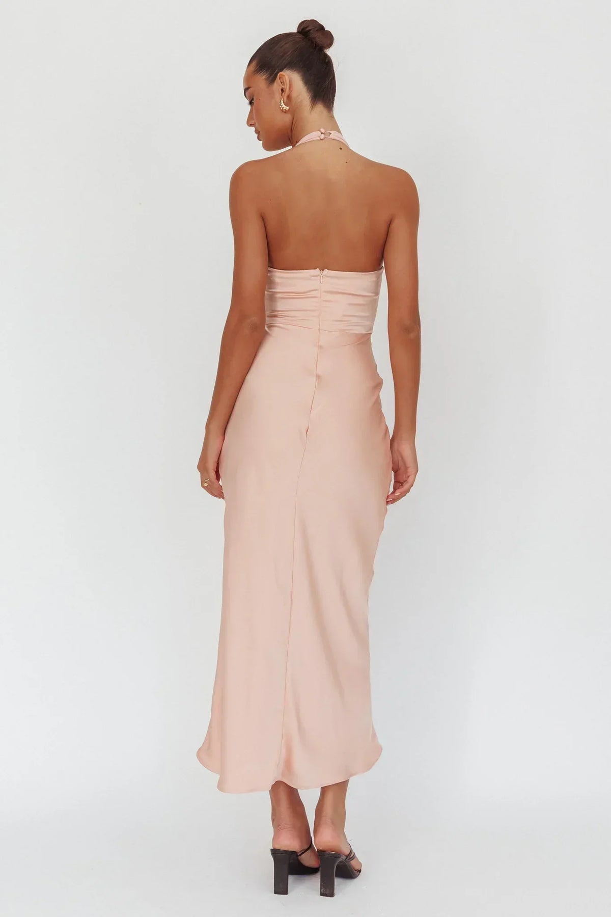 Satin Plunge Halter Neck Sheer Mesh Panel Bias Cut Maxi Dress 2