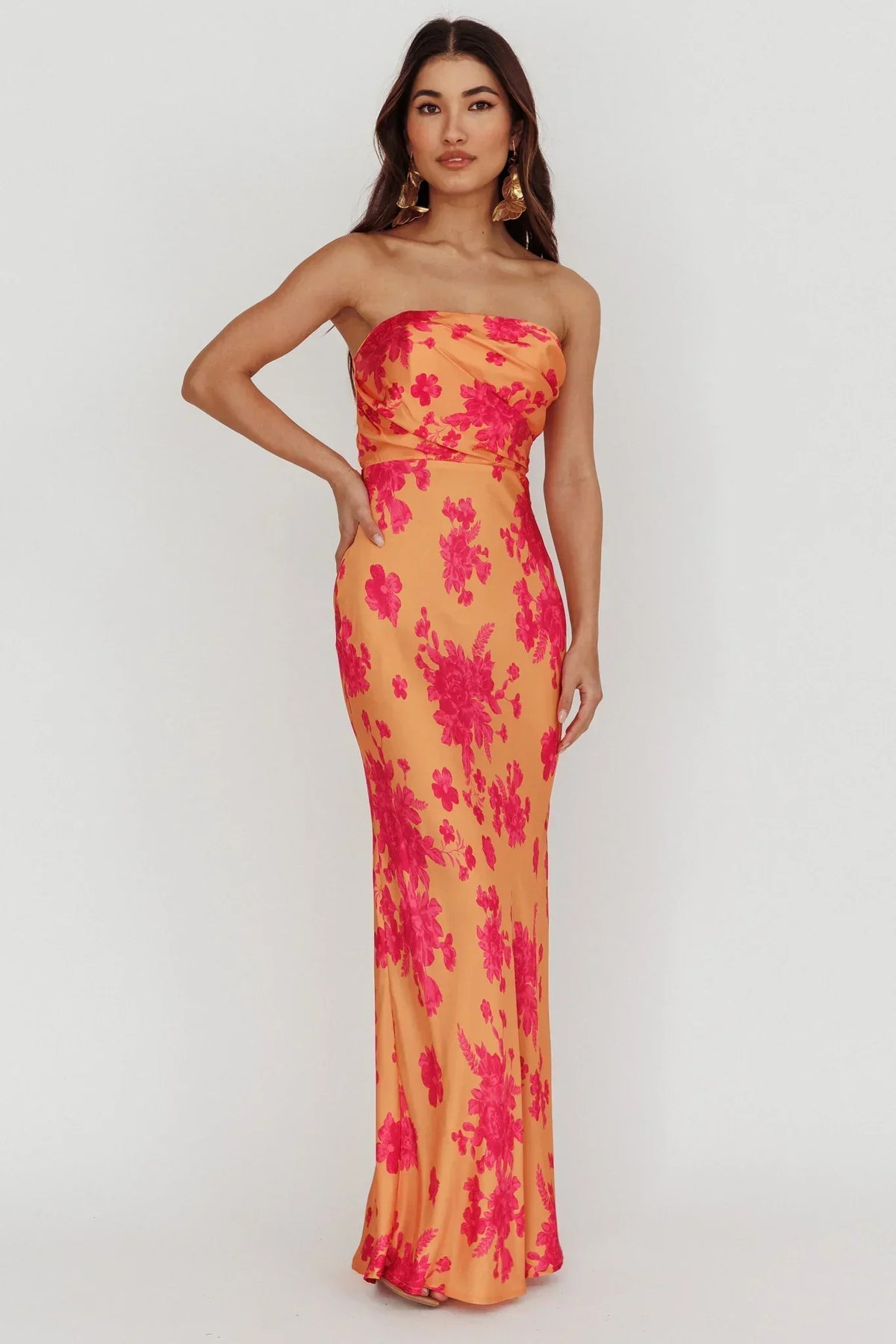 Floral Print Satin Strapless Bias Cut Maxi Dress 5