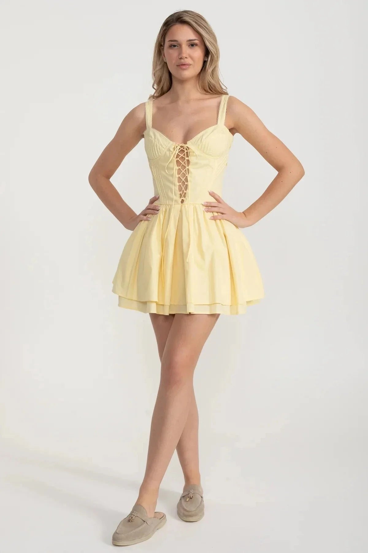 Corset Style Sleeveless Dress With Lace-Up Front Detailing - Yellow