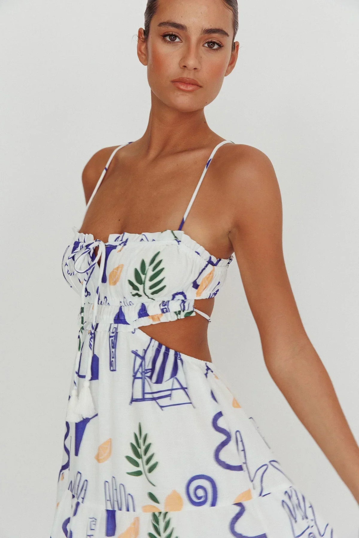 Abstract Print Shirred Bodice Cut Out Back Tie Front Tiered Maxi Dress 6