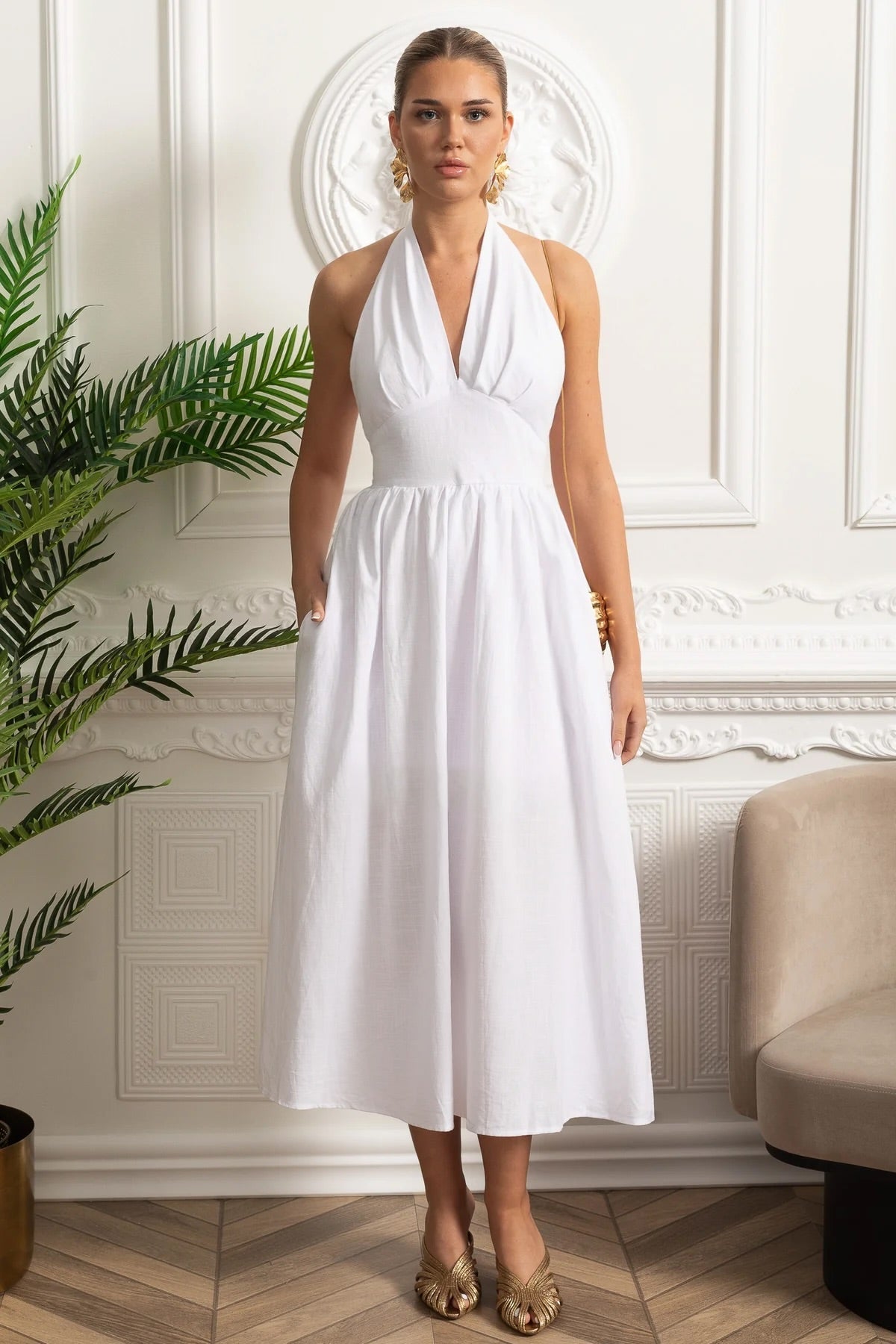 Halter Neck Deep V-Neck Pleated Bust Gathered A-Line Midi Dress