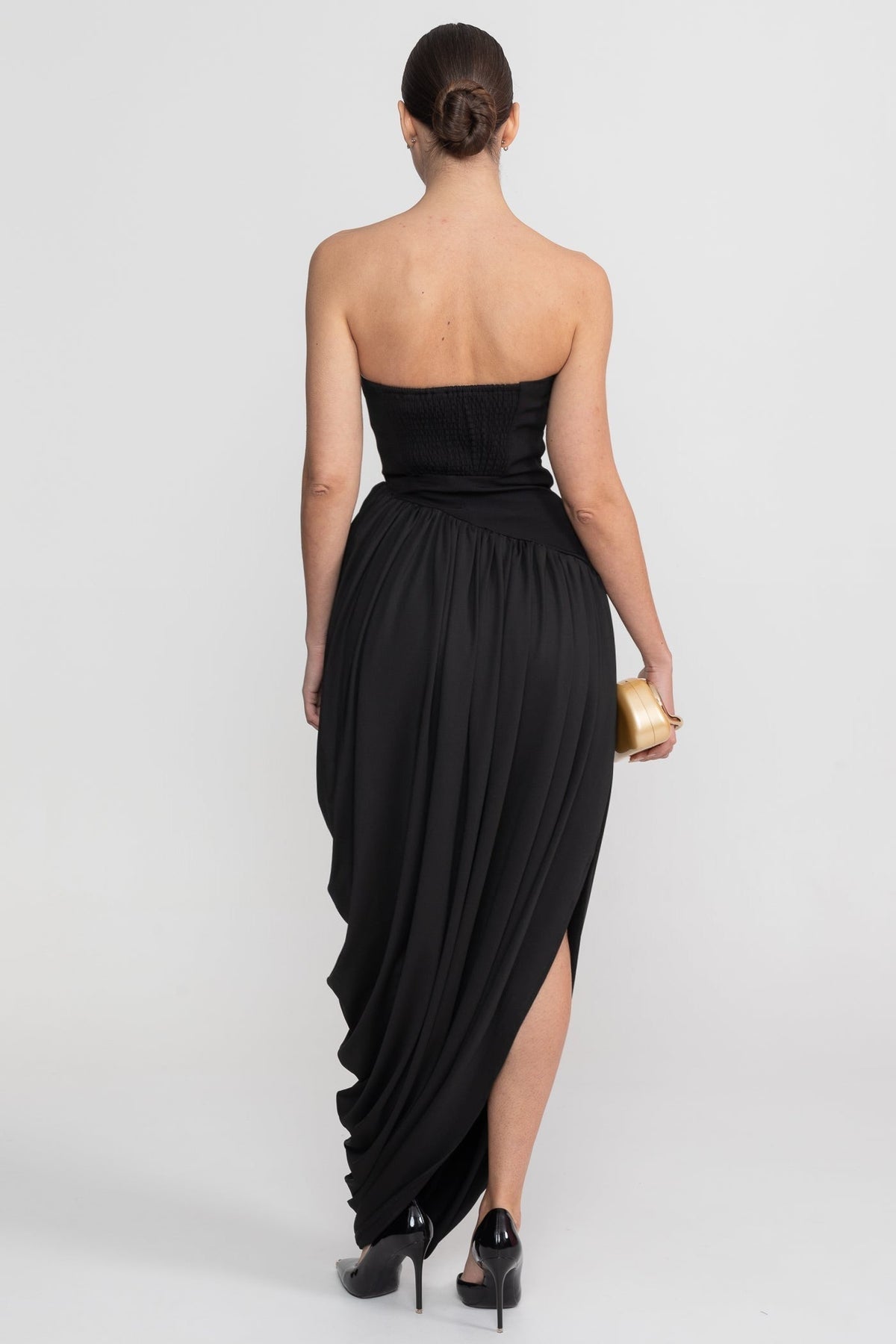 Strapless Corset Bodice Asymmetric Draped Skirt Maxi Dress 6