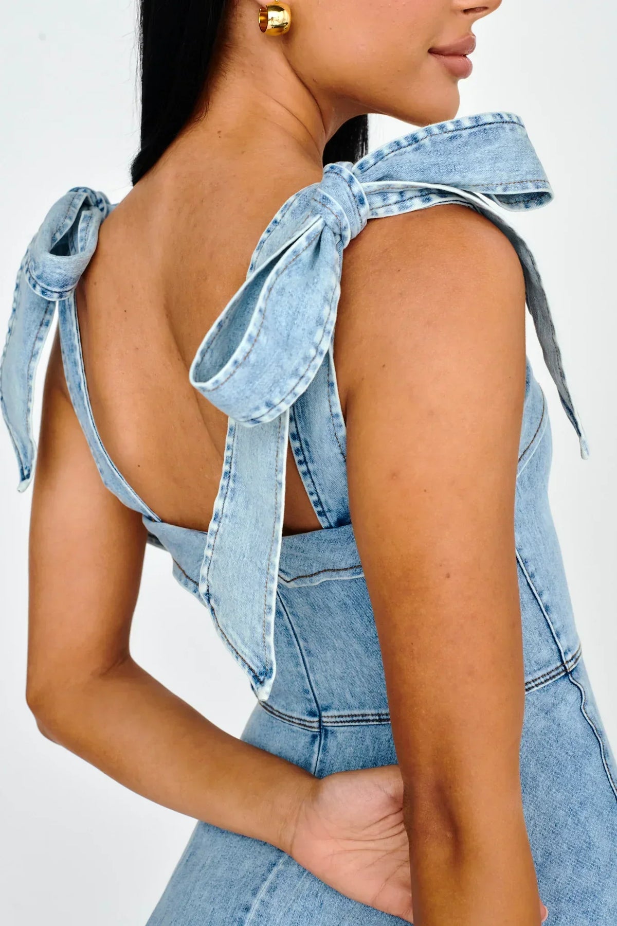 Denim-Look Square Neck Tie Shoulder Fit and Flare Mini Dress 4