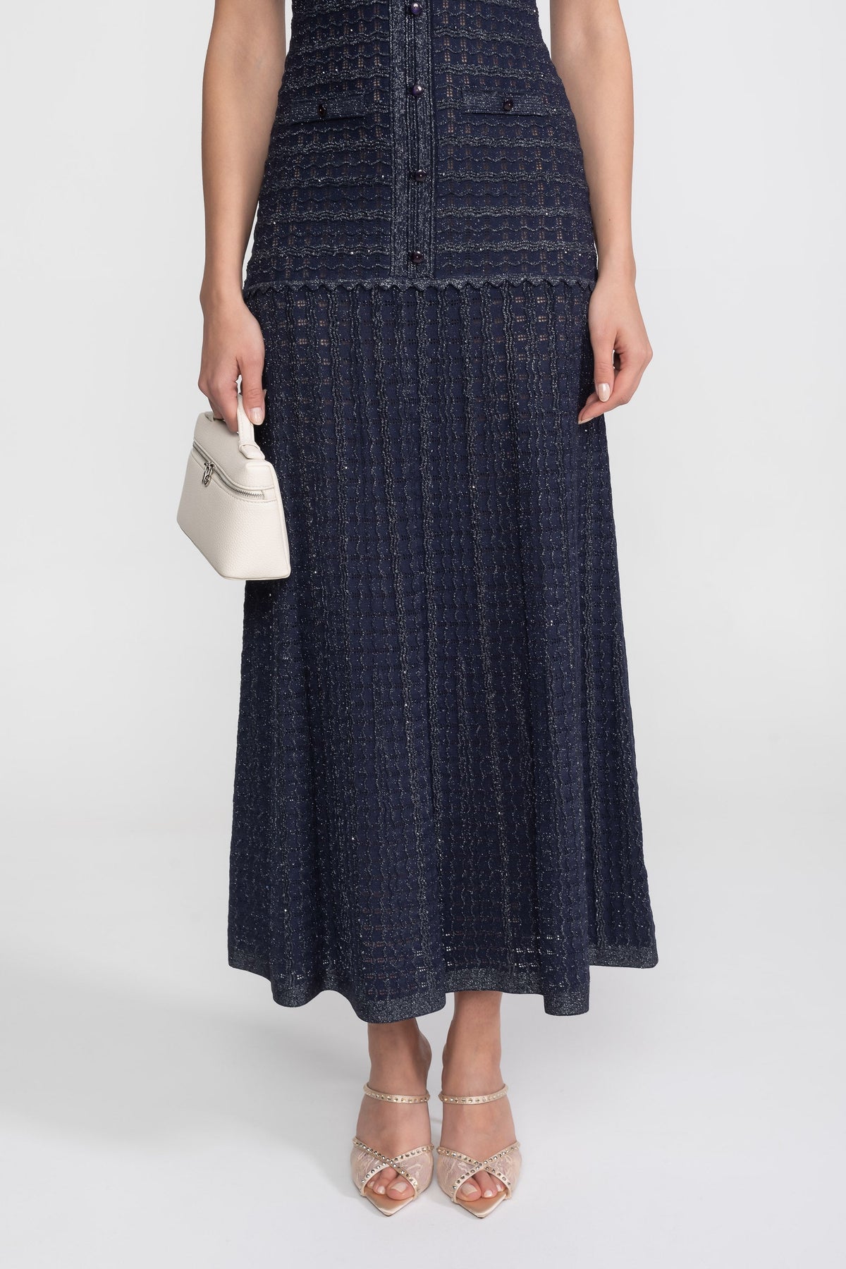 Shimmer Knit Short Sleeve Button Front Keyhole Neck Midi Dress 8