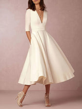Deep V-Neck Satin Fit and Flare Midi Dress