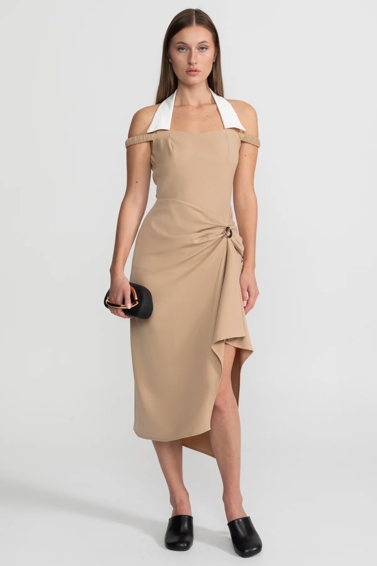 Halter Neck Contrast Collar Off Shoulder Draped Asymmetric Midi Dress