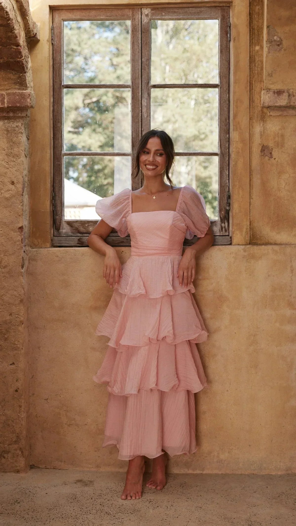 Square Neck Puff Sleeve Tiered Ruffle Maxi Dress 8