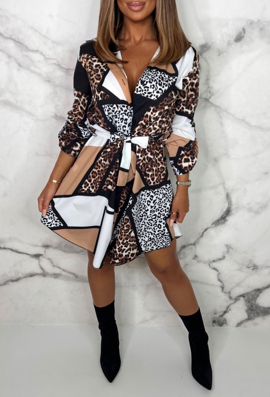 Leopard Print Collared Long Sleeve Belted Mini Shirt Dress