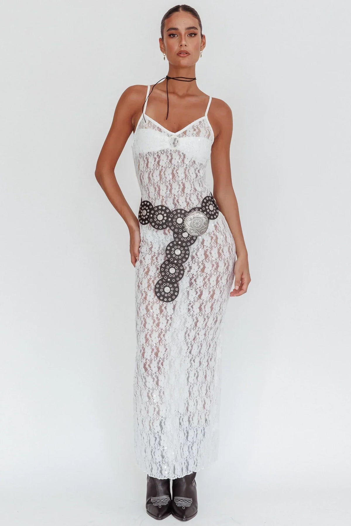 Sheer Lace Sequin V-Neck Spaghetti Strap Column Maxi Dress 6