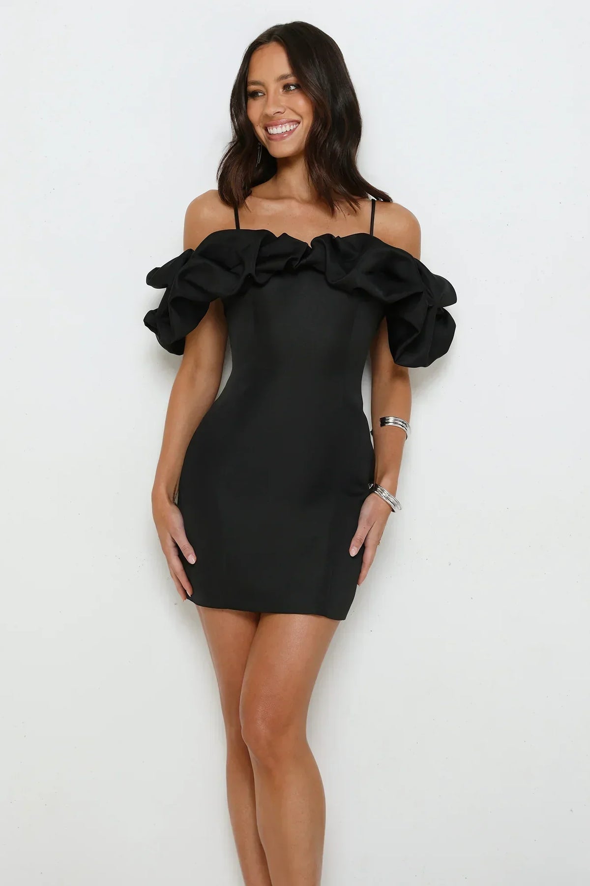 Off Shoulder Ruffle Sleeve Spaghetti Strap Bodycon Mini Dress 6