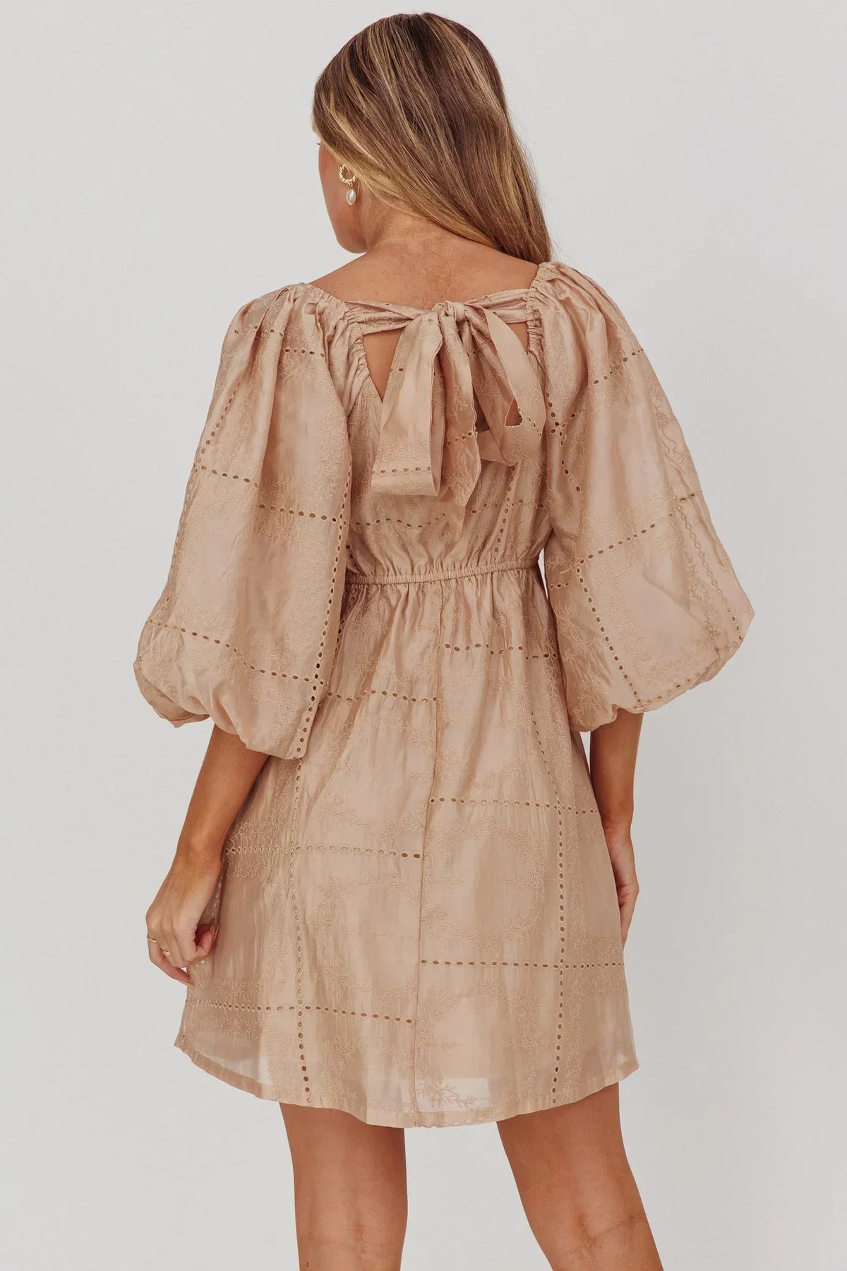 Eyelet Square Neck Balloon Sleeve Babydoll Mini Dress 2