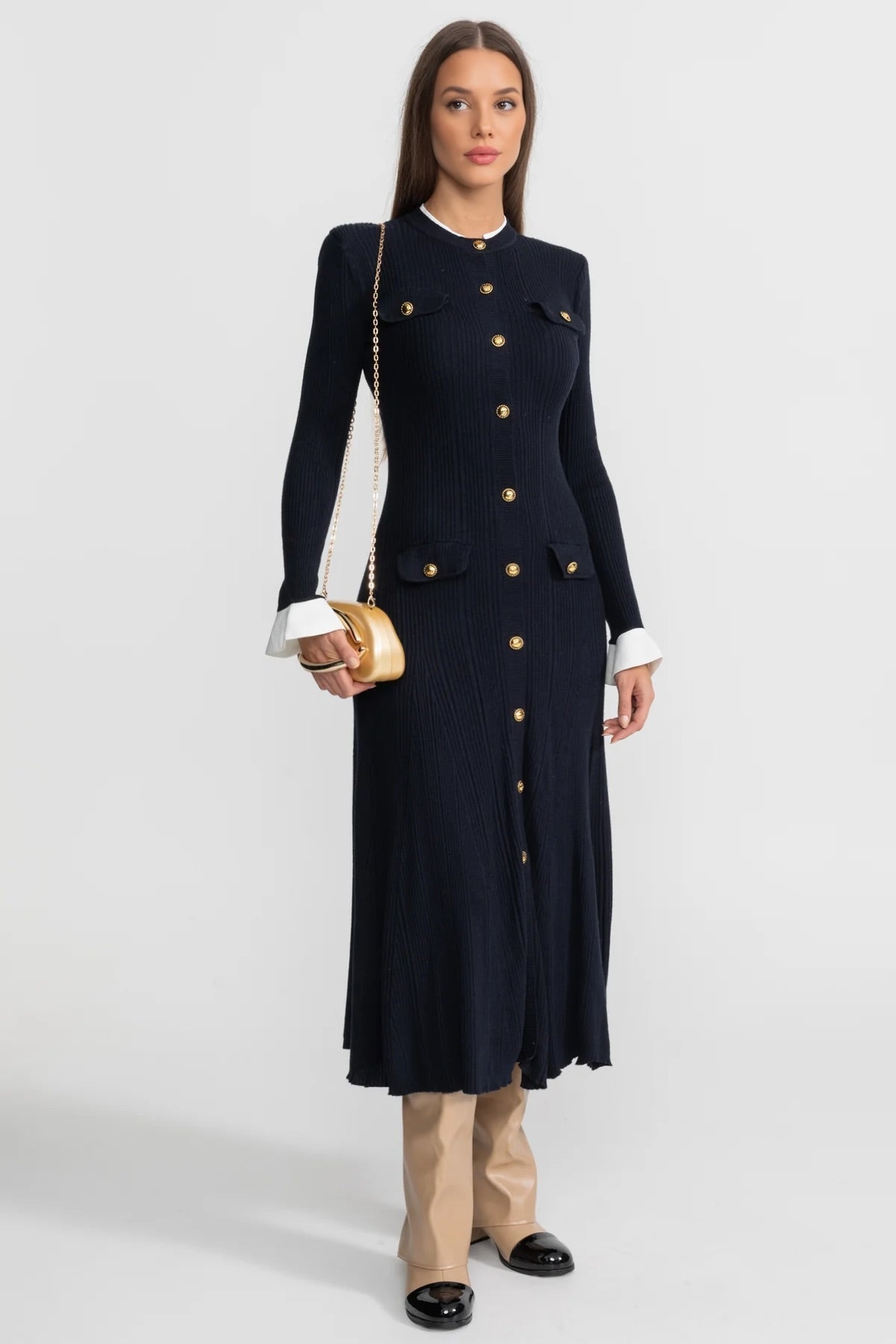 Ribbed Knit Button Front Long Sleeve Contrast Cuff A-Line Midi Dress 2