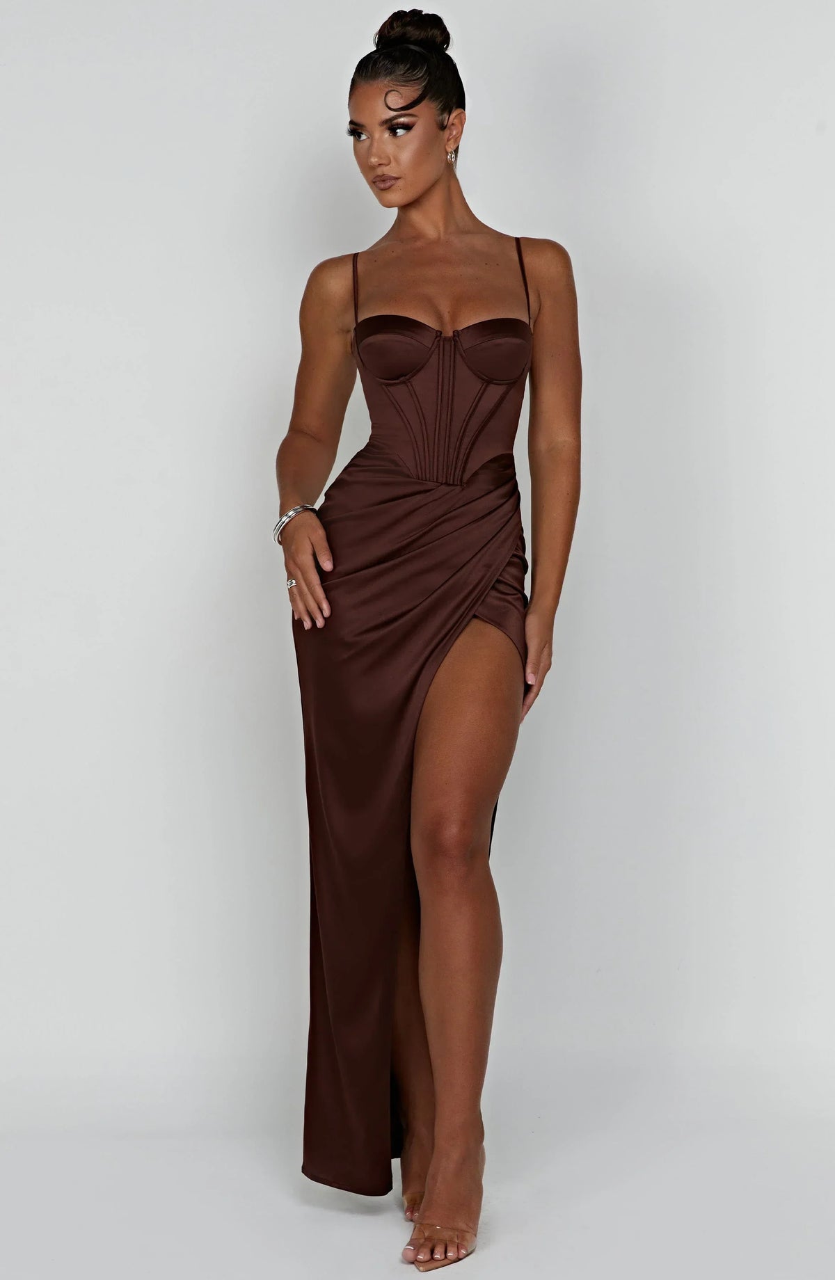 Satin Corset Bustier Cami Strap Wrap High Split Maxi Dress 13
