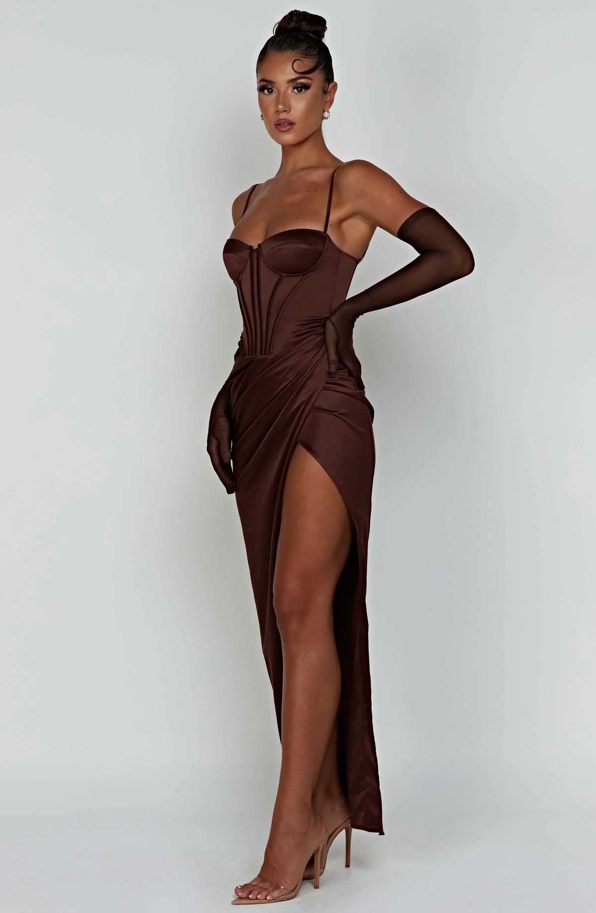 Satin Corset Bustier Cami Strap Wrap High Split Maxi Dress 10