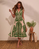 Tropical Print V-Neck Sleeveless Fit and Flare Midi Dress