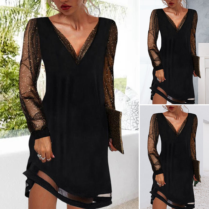 Mesh Glitter Deep V-Neck Long Sleeve Sheer Panel Shift Mini Party Dress