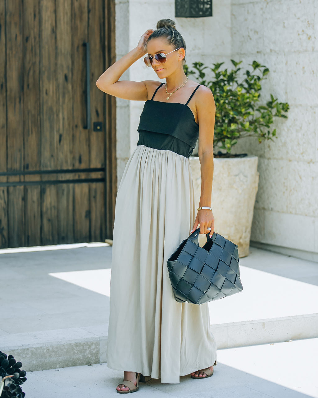 Marcellus Pocketed Colorblock Maxi Dress - Black Nude