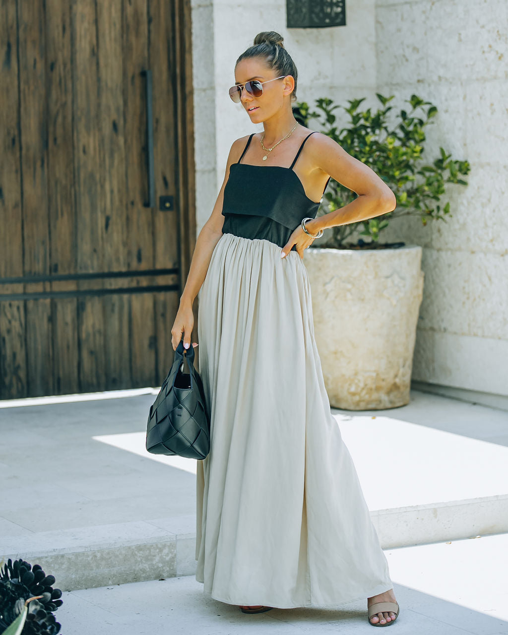 Marcellus Pocketed Colorblock Maxi Dress - Black Nude