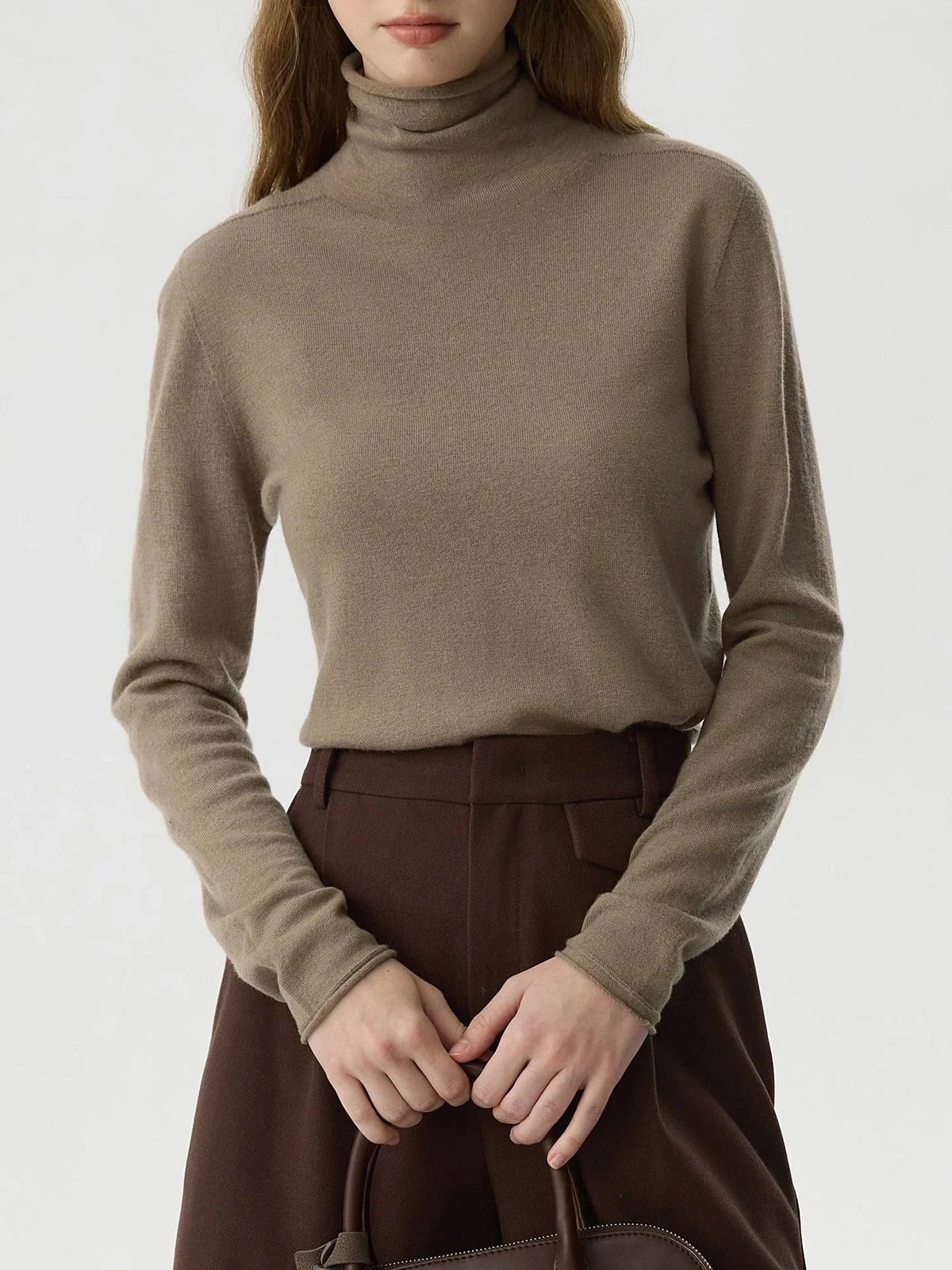 Turtleneck Long Sleeve Fine Knit Rolled Cuff Slim Sweater