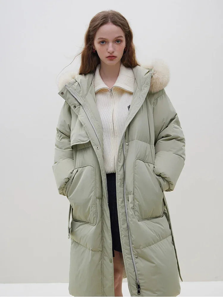 Detachable Fox Fur Collar Windbreaker Down Winter Warm Stylish Elegant Cozy Coat Light Green / Xxs