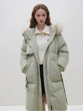Detachable Fox Fur Collar Windbreaker Down Winter Warm Stylish Elegant Cozy Coat Light Green / Xxs
