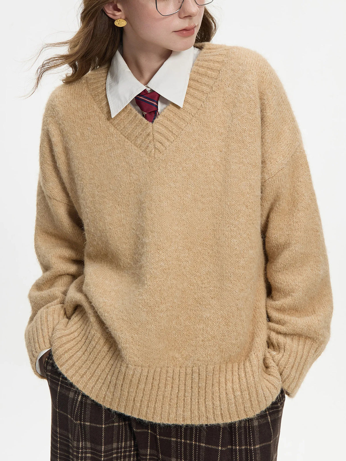 V-Neck Long Sleeve Fuzzy Knit Ribbed Trim Oversized Sweater 5
