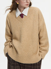 V-Neck Pullover Wool Warm Sweater Khaki / XS