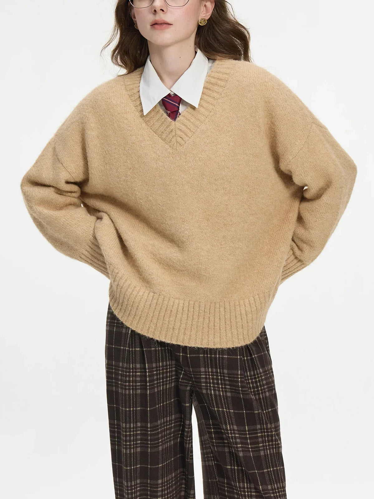 V-Neck Long Sleeve Fuzzy Knit Ribbed Trim Oversized Sweater 2