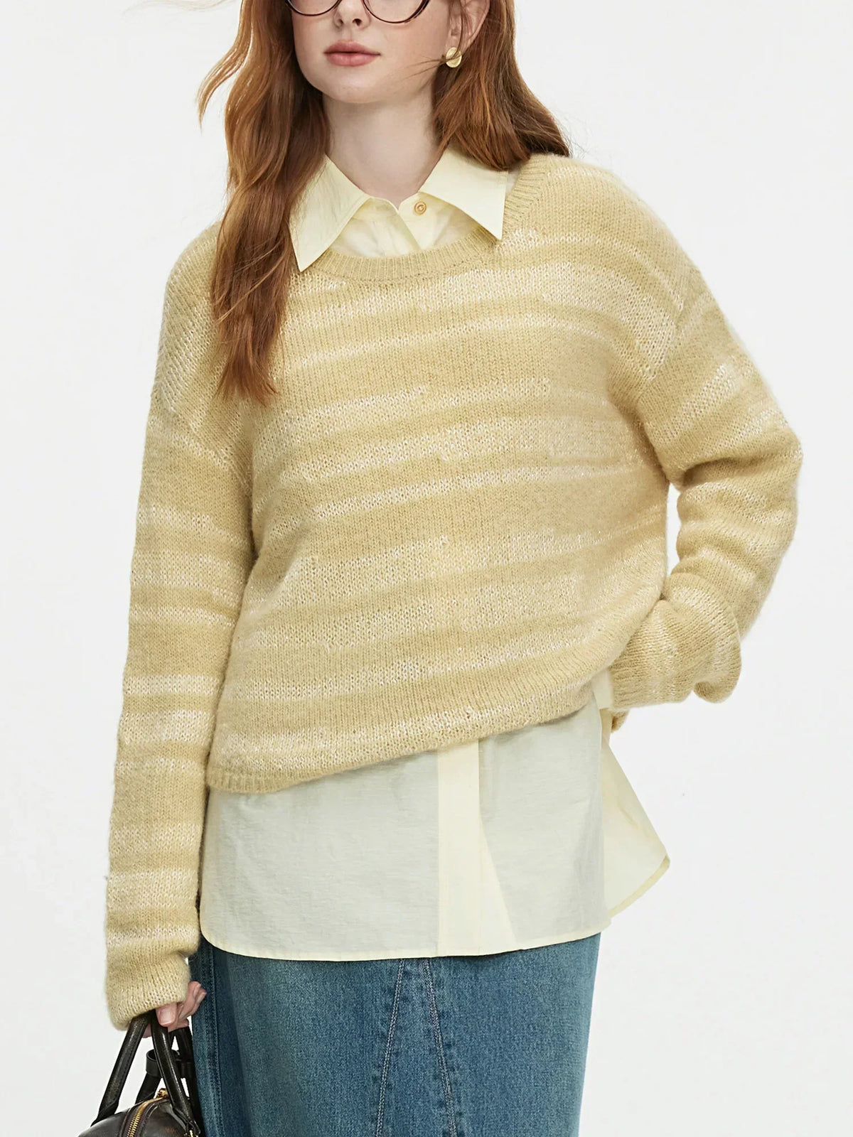 Striped Crew Neck Drop Shoulder Fuzzy Knit Sweater 8