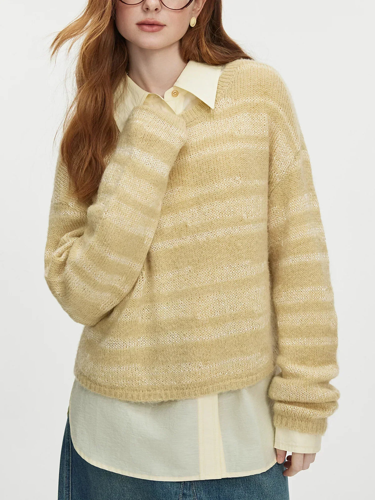 Striped Crew Neck Drop Shoulder Fuzzy Knit Sweater