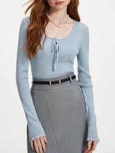 3.9% Wool U - Neck Lace - Up Slim Sweater SKY BLUE / XS