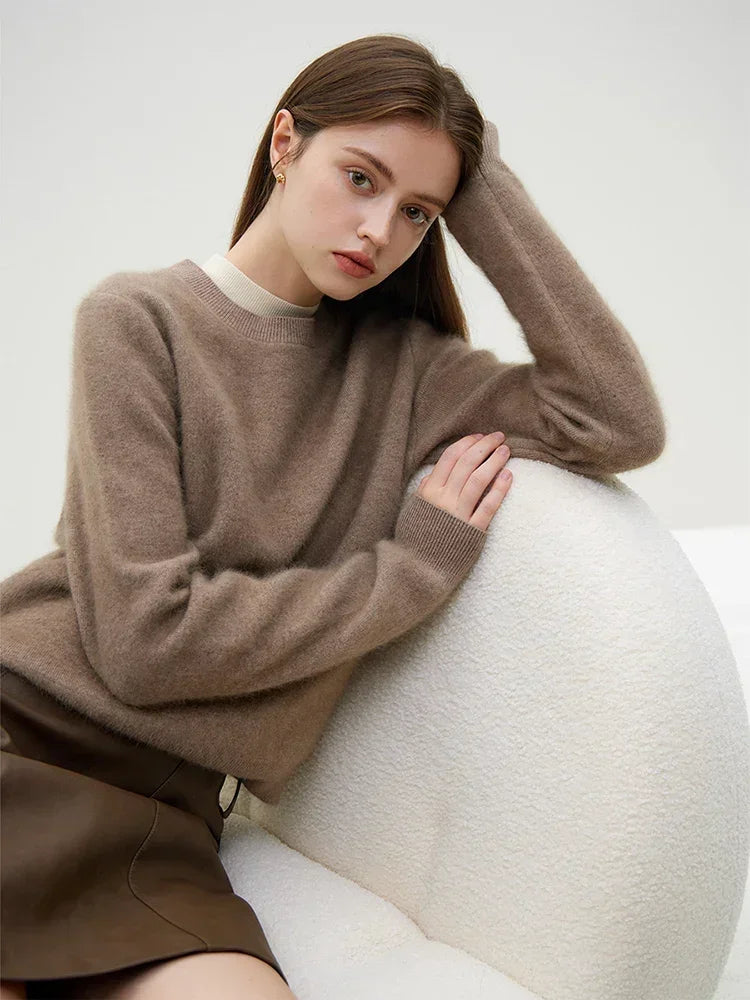 Crew Neck Long Sleeve Soft Fuzzy Knit Ribbed Cuff Pullover Sweater