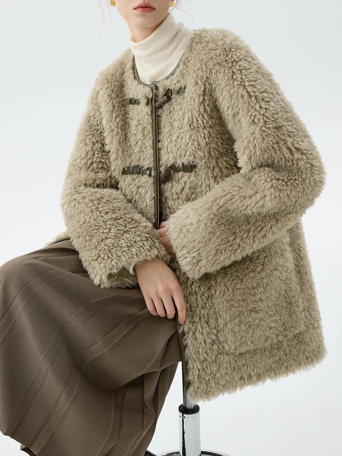 Round Neck Toggle Front Faux Shearling Teddy Coat with Patch Pockets 3