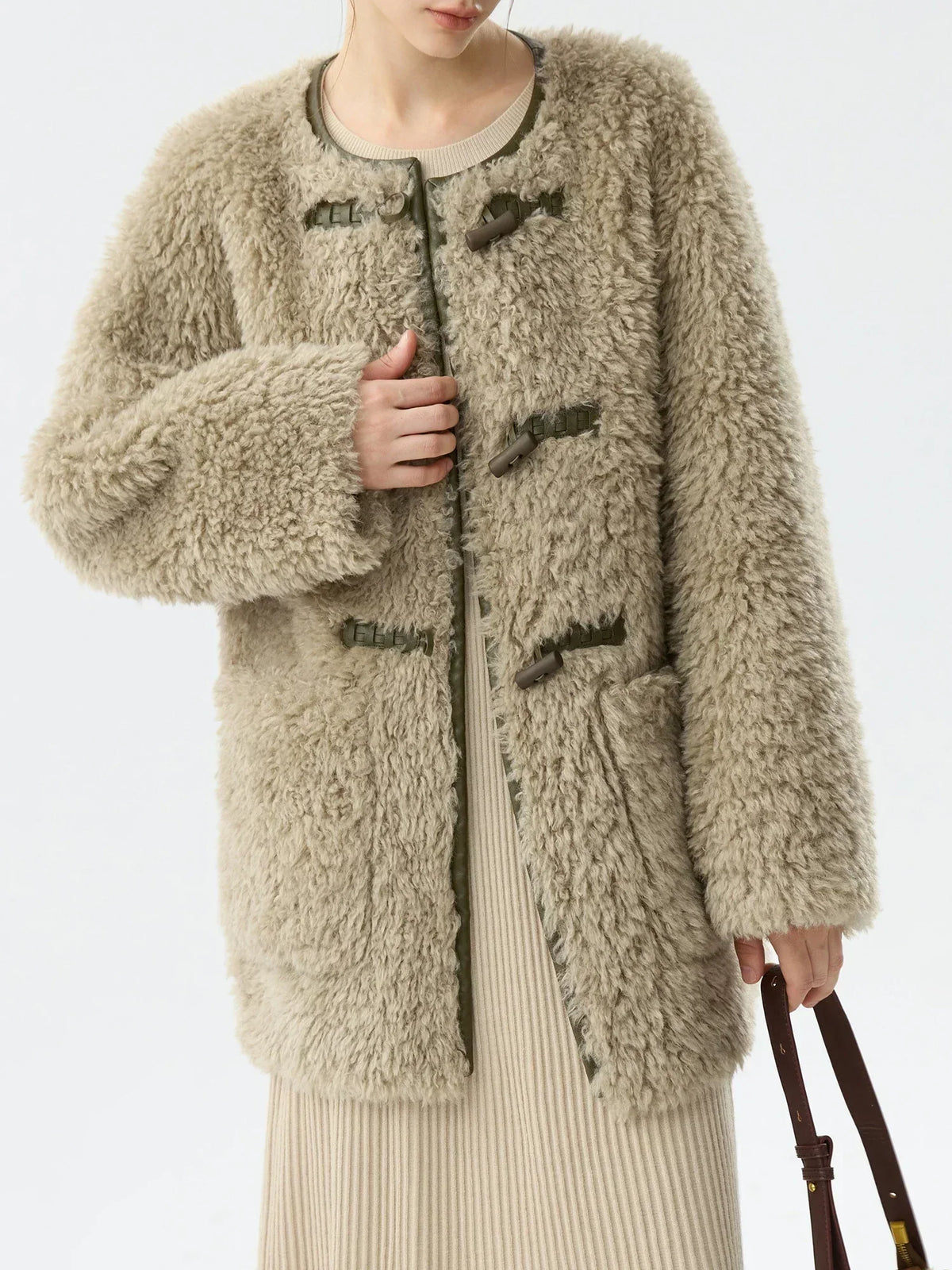 Round Neck Toggle Front Faux Shearling Teddy Coat with Patch Pockets 4