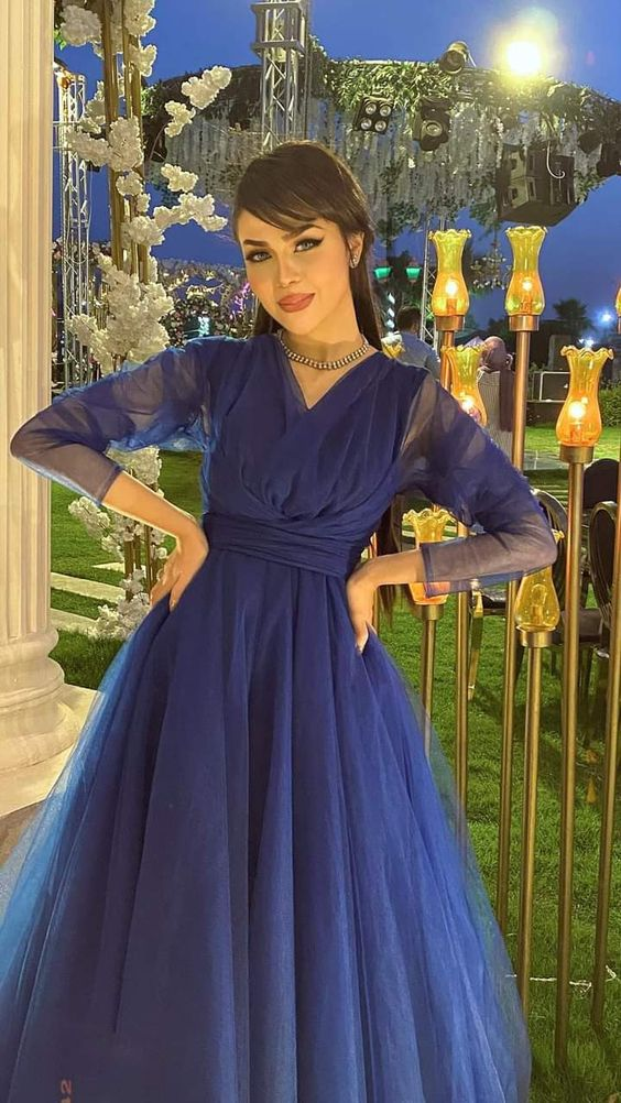 Classy A-line V Neck Long Sleeves Evening Dress cc1144