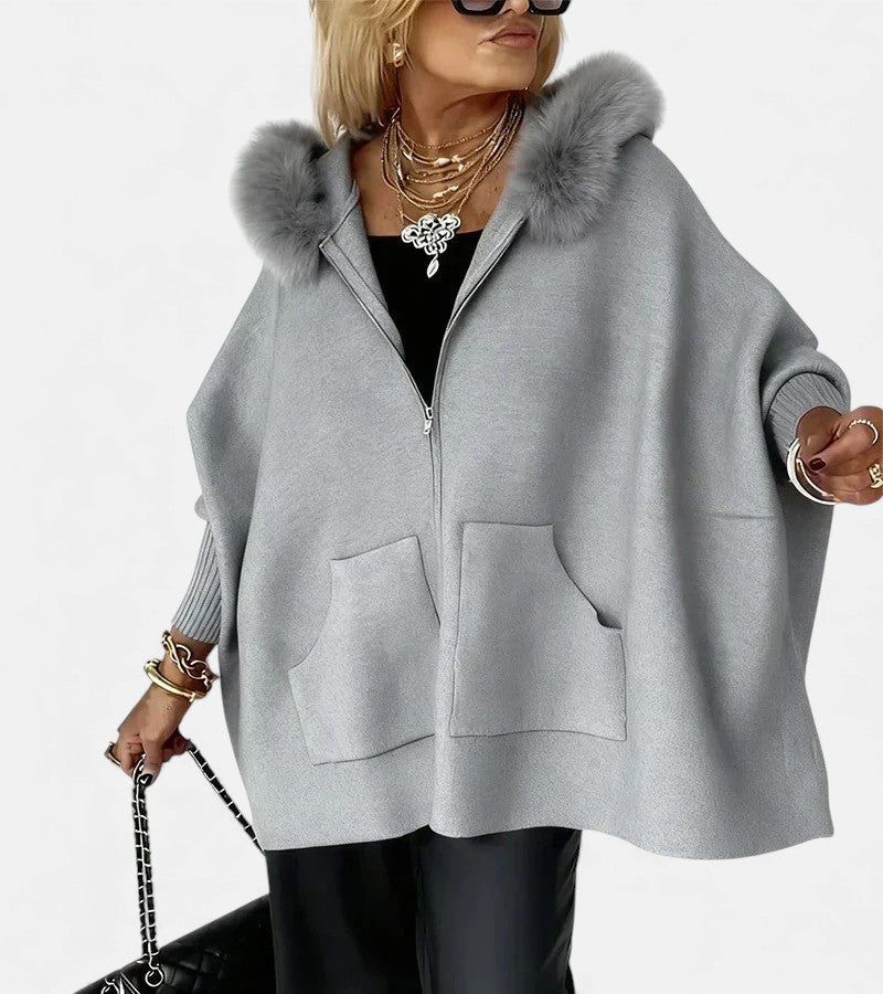Faux Fur Hooded Zip Front Batwing Cape Jacket