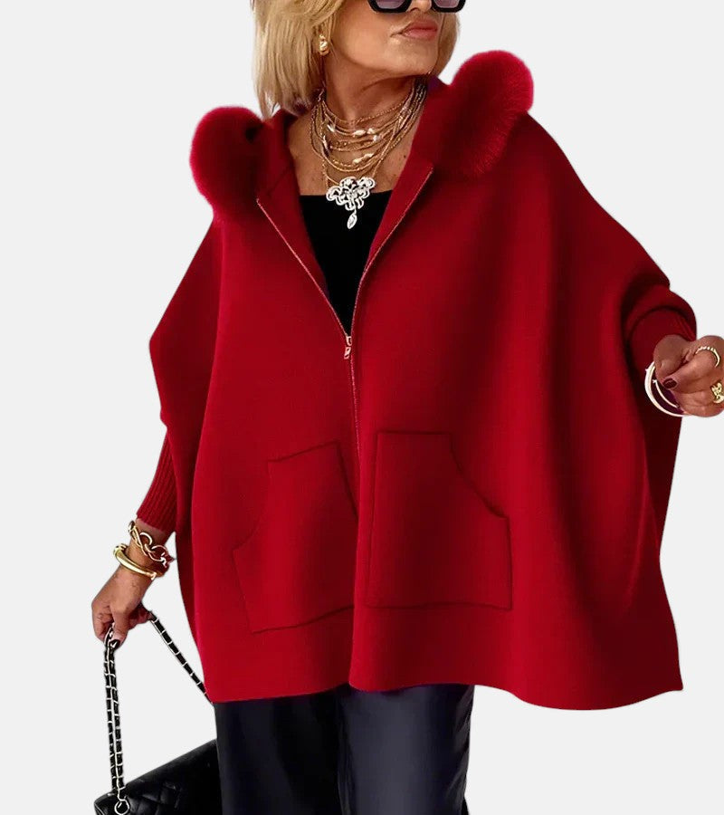 Faux Fur Hooded Zip Front Batwing Cape Jacket
