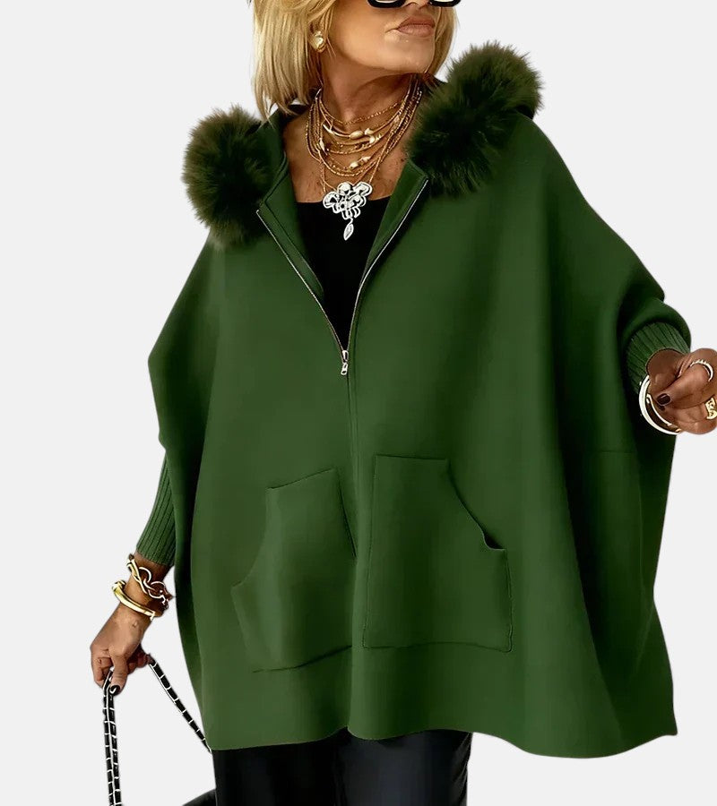 Faux Fur Hooded Zip Front Batwing Cape Jacket