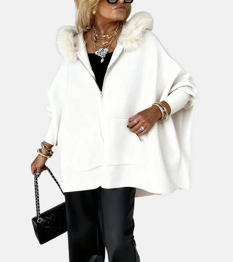 Faux Fur Hooded Zip Front Batwing Cape Jacket